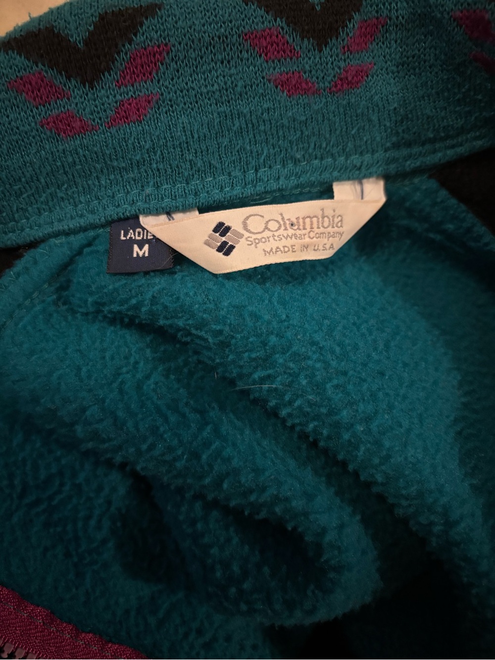 VTG 90s Columbia Fleece Womens M Teal Aztec Colorblock Retro Ski Gorpcore Tribal - Picture 8 of 8
